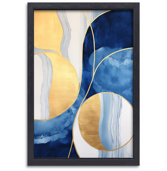 Abstract schilderij in blauw, wit en goud canvas met baklijst