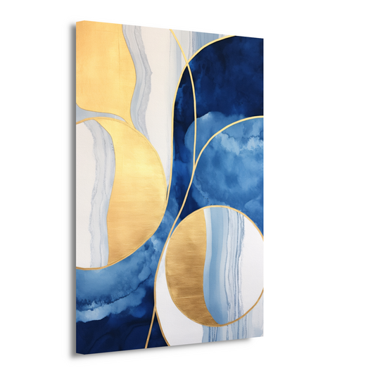 Abstract schilderij in blauw, wit en goud canvas
