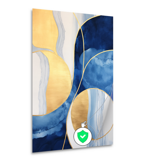 Abstract schilderij in blauw, wit en goud poster