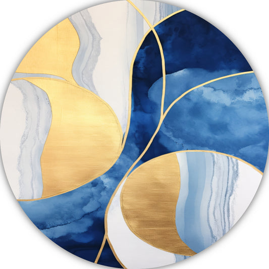 Abstract schilderij in blauw, wit en goud aluminium muurcirkel