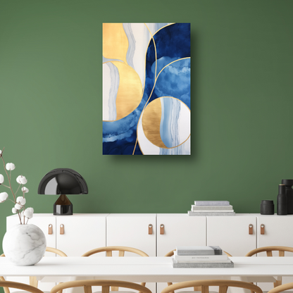 Abstract schilderij in blauw, wit en goud poster