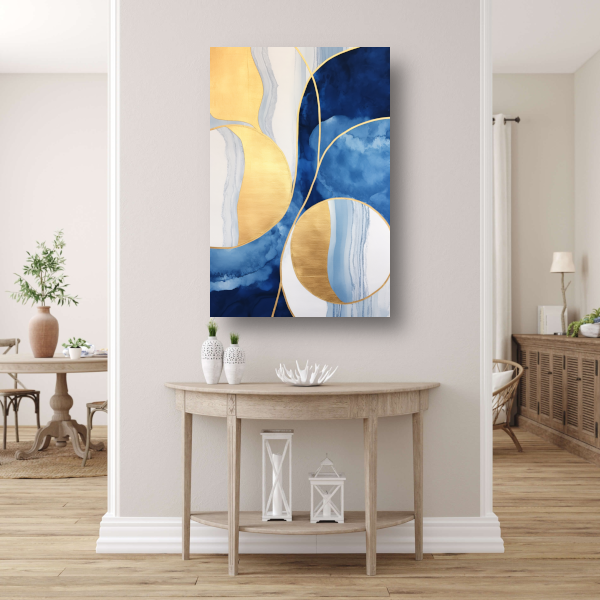 Abstract schilderij in blauw, wit en goud poster