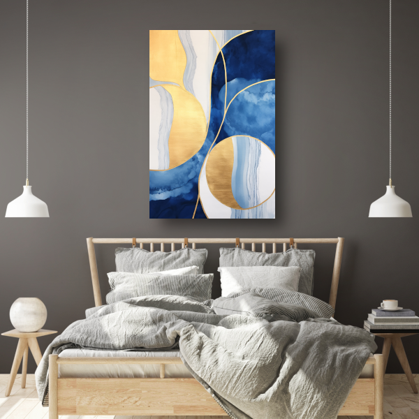 Abstract schilderij in blauw, wit en goud poster