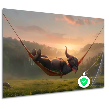 Olifant ontspant in hangmat bij zonsondergang poster