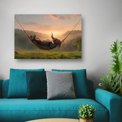 Olifant ontspant in hangmat bij zonsondergang acrylglas