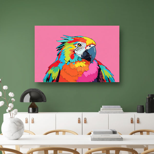 Kleurrijke en moderne popart papegaai schilderij canvas met baklijst