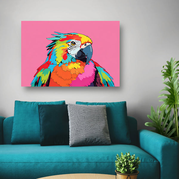 Kleurrijke en moderne popart papegaai schilderij canvas met baklijst