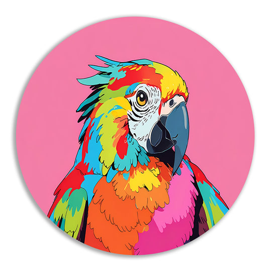 Kleurrijke en moderne popart papegaai schilderij aluminium muurcirkel