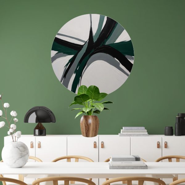 Dynamische Abstractie in Groen en Zwart aluminium muurcirkel