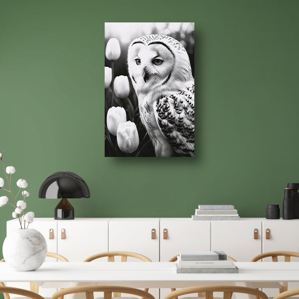 White Owl and Tulips in Monochrome canvas