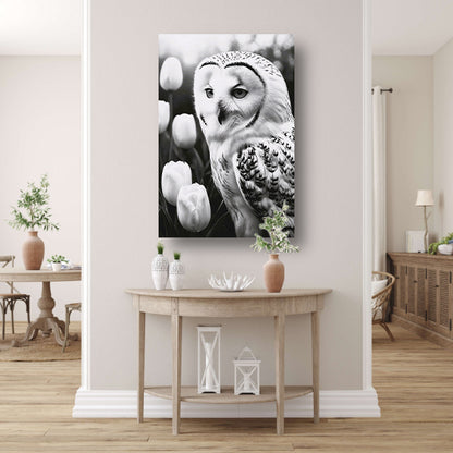 White Owl and Tulips in Monochrome canvas