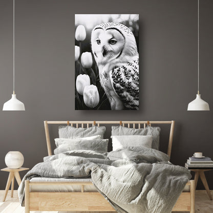 White Owl and Tulips in Monochrome canvas