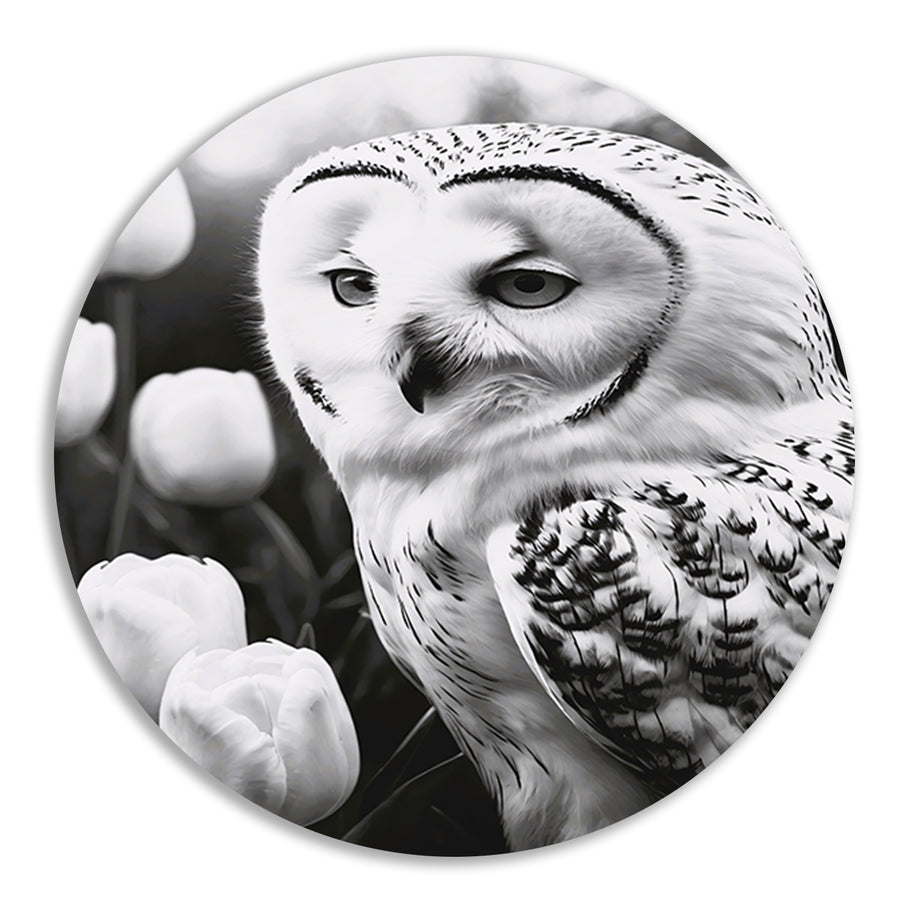 White Owl and Tulips in Monochrome forex muurcirkel