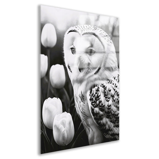 White Owl and Tulips in Monochrome Acrylglas