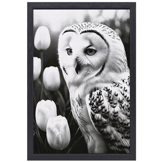 White Owl and Tulips in Monochrome canvas met baklijst