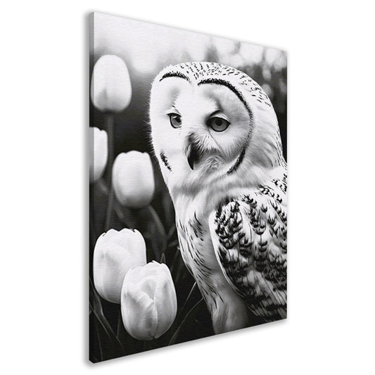 White Owl and Tulips in Monochrome canvas