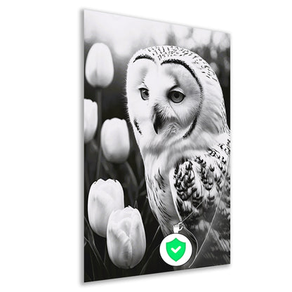 White Owl and Tulips in Monochrome poster