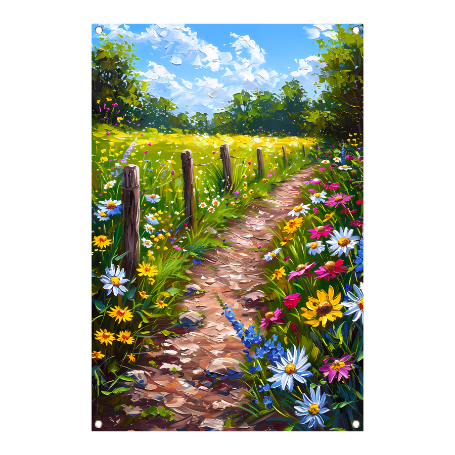 Schilderachtig bloemenpad in kleurrijk landschap tuinposter
