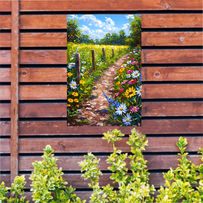 Schilderachtig bloemenpad in kleurrijk landschap tuinposter
