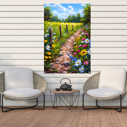 Schilderachtig bloemenpad in kleurrijk landschap tuinposter