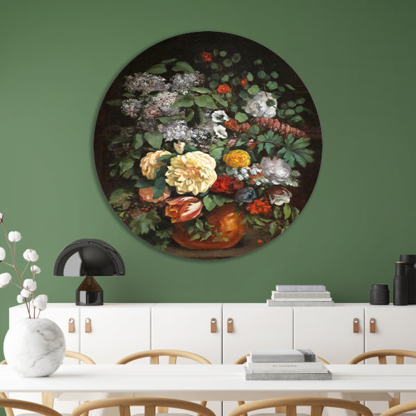 Vaas met seringen, rozen en tulpen - Gustave Courbet aluminium muurcirkel