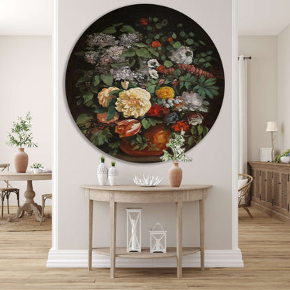 Vaas met seringen, rozen en tulpen - Gustave Courbet aluminium muurcirkel