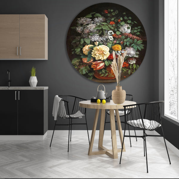 Vaas met seringen, rozen en tulpen - Gustave Courbet aluminium muurcirkel