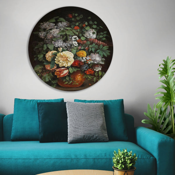 Vaas met seringen, rozen en tulpen - Gustave Courbet aluminium muurcirkel