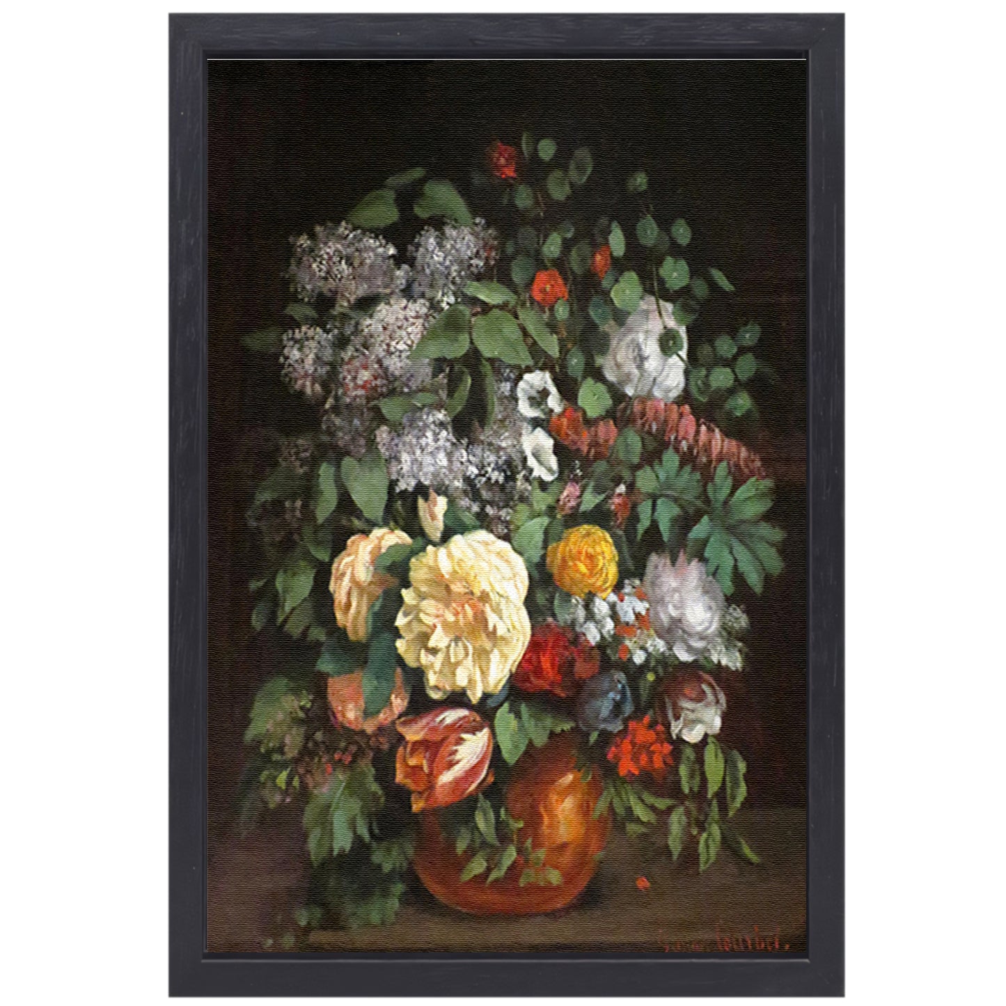 Vaas met seringen, rozen en tulpen - Gustave Courbet canvas met baklijst