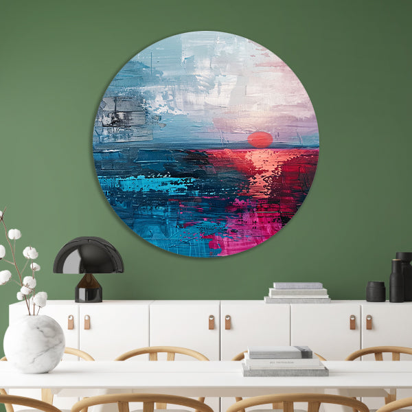 Abstracte moderne schilderij van zonsondergang aluminium muurcirkel