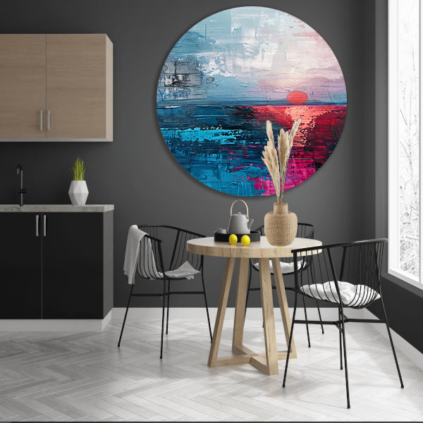 Abstracte moderne schilderij van zonsondergang aluminium muurcirkel