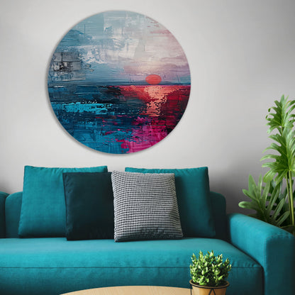 Abstracte moderne schilderij van zonsondergang aluminium muurcirkel