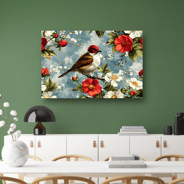 Vogeltje op bloesemtak canvas met baklijst