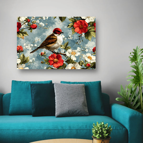 Vogeltje op bloesemtak canvas