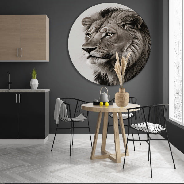 Majestueuze Leeuw in Monochrome Essentie aluminium muurcirkel