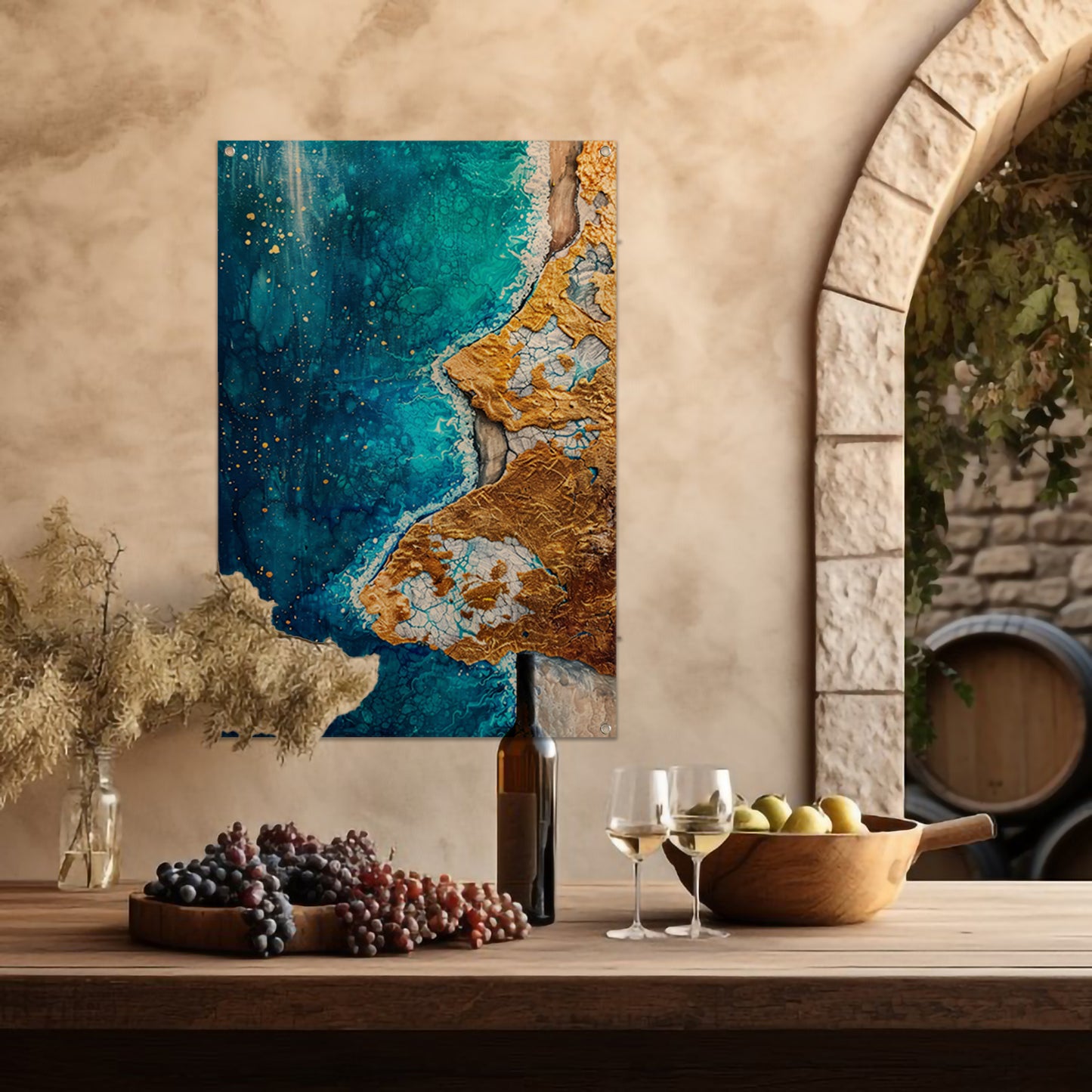 Abstract schilderij van vulkaan en water tuinposter