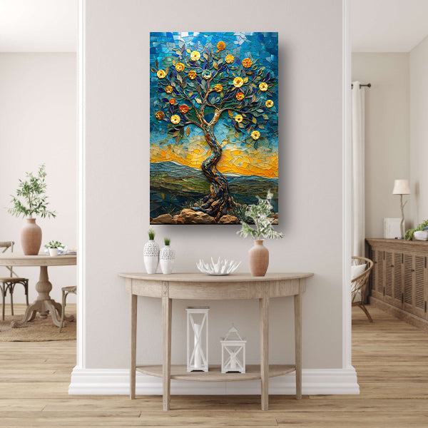 Kleurrijk Mozaïek Boom in Landschap canvas met baklijst
