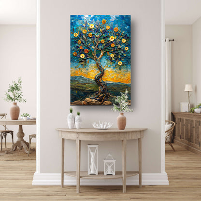 Kleurrijk Mozaïek Boom in Landschap canvas met baklijst