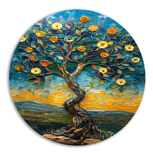 Kleurrijk Mozaïek Boom in Landschap forex muurcirkel