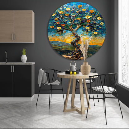 Kleurrijk Mozaïek Boom in Landschap aluminium muurcirkel