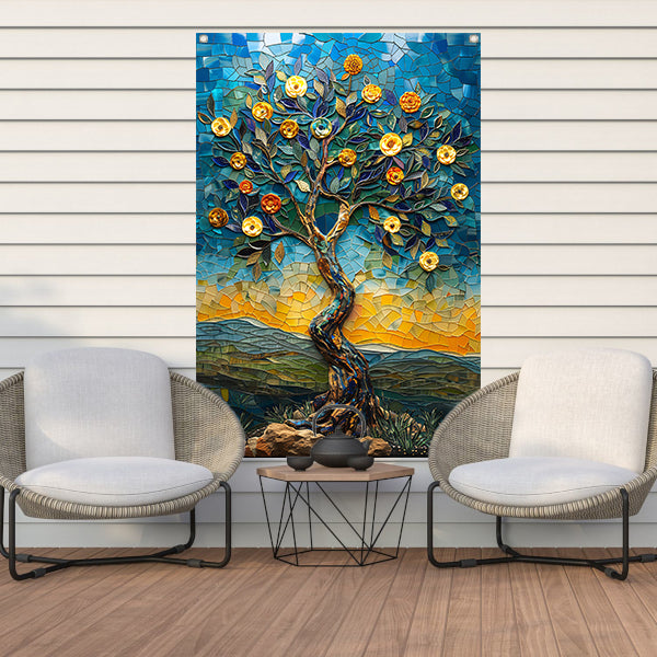 Kleurrijk Mozaïek Boom in Landschap tuinposter