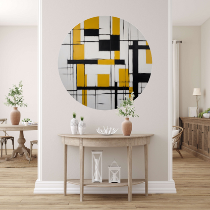 Abstracte Geometrische Balans in Geel en Zwart aluminium muurcirkel