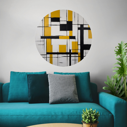 Abstracte Geometrische Balans in Geel en Zwart aluminium muurcirkel