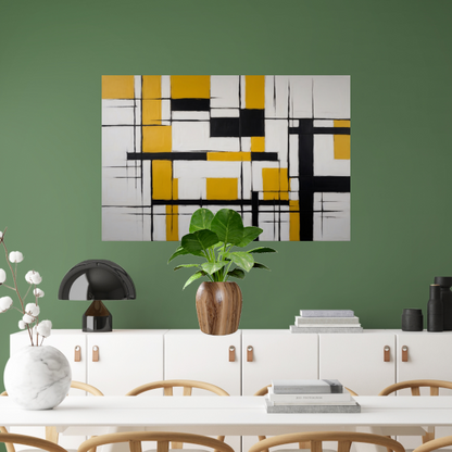 Abstracte Geometrische Balans in Geel en Zwart canvas met baklijst