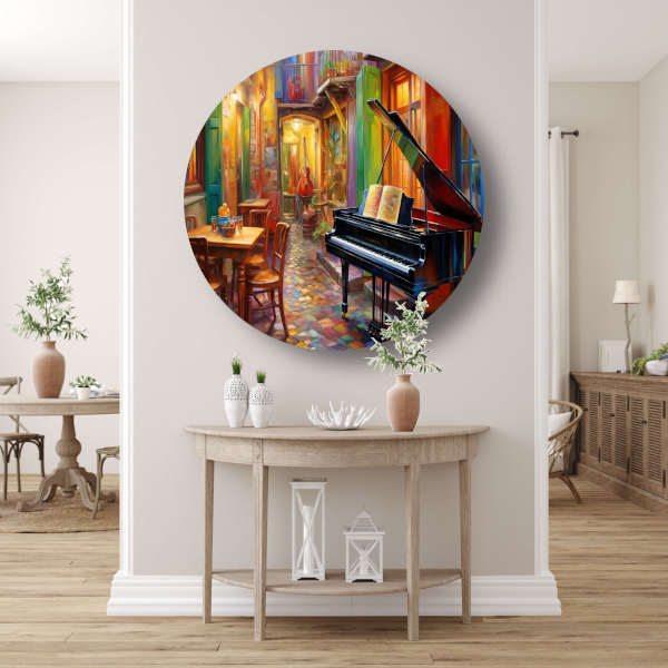 Piano en stoel in minimalistische stijl aluminium muurcirkel