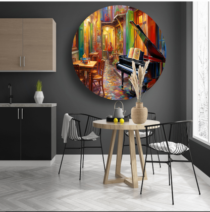 Piano en stoel in minimalistische stijl aluminium muurcirkel
