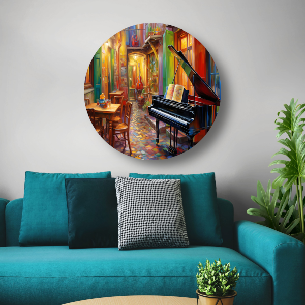 Piano en stoel in minimalistische stijl aluminium muurcirkel