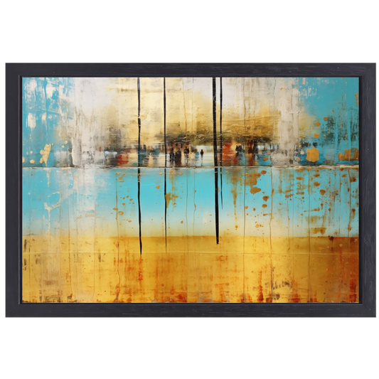 Blauw-geel landschap met horizontale lijnen canvas met baklijst