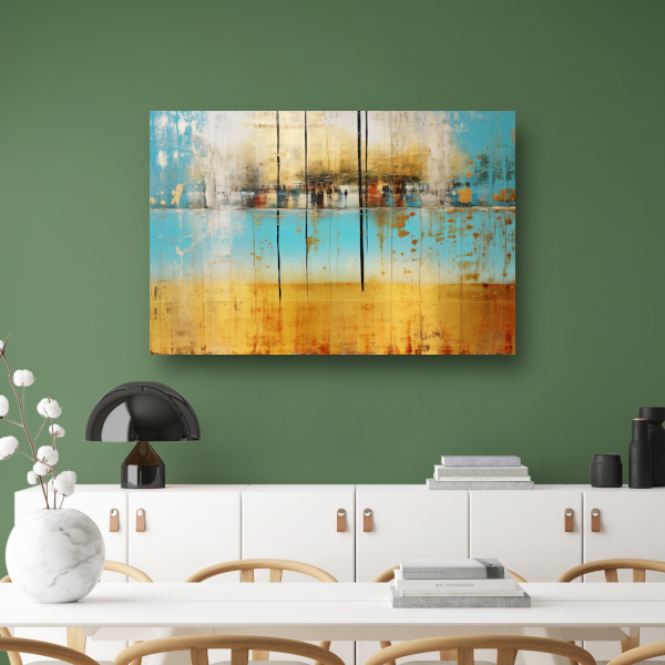 Blauw-geel landschap met horizontale lijnen canvas met baklijst