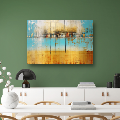 Blauw-geel landschap met horizontale lijnen canvas met baklijst